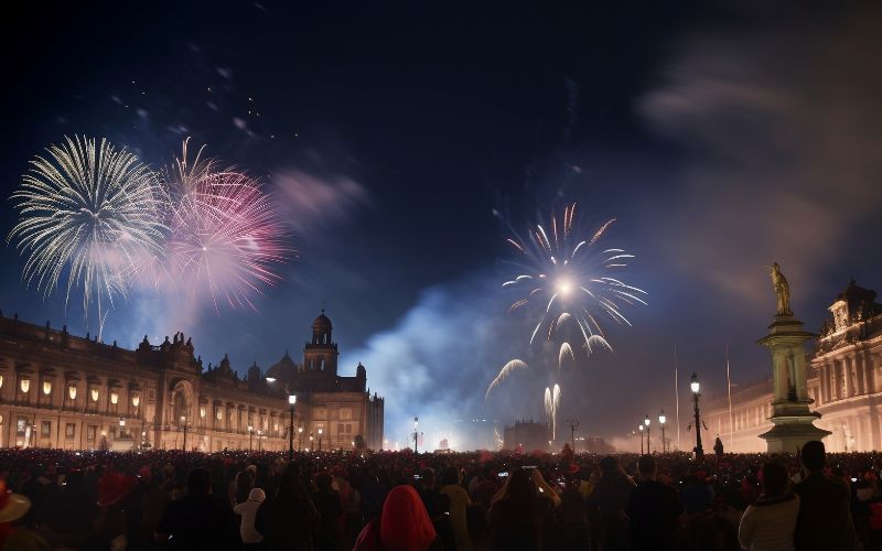 Crowd celebrating New Year's Eve with fireworks