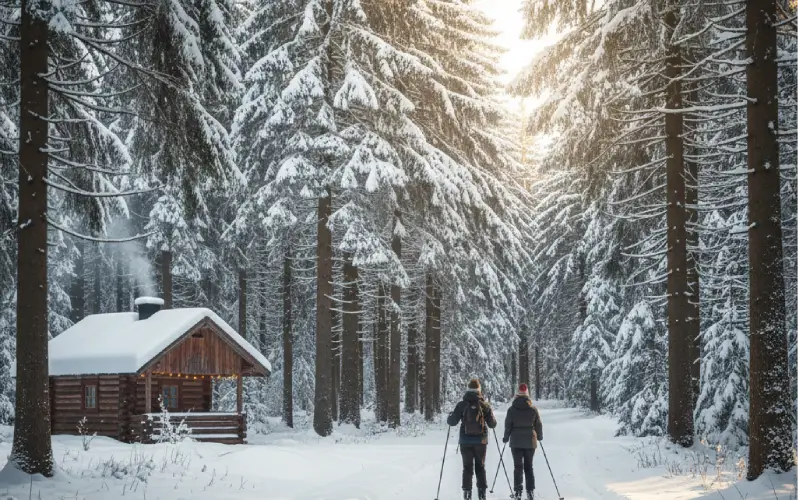 Two people cross-country skiing through a serene