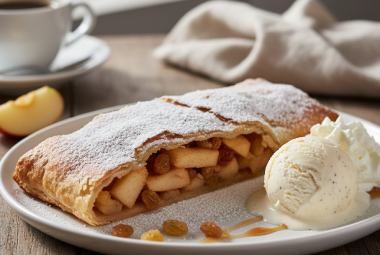 Apple strudel with vanilla ice cream