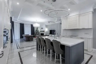 Interior of spacious kitchen with stylish furniture