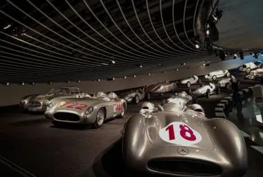 Vintage Race Cars Displayed in Mercedes-Benz Museum in Stuttgart, Germany